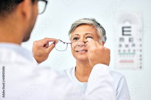 Consulting, optometry and medical with old woman and doctor for eye care, glasses and lens. Healthcare, ophthalmology and vision with senior patient in clinic for exam, eyesight and prescription