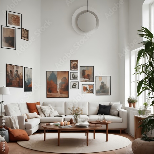 Scandinavian-inspired living room, with sleek modern furniture and warm wooden accents. The soft natural light filters in through large windows, illuminating the clean lines and minimalist design