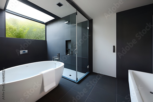Modern bathroom with a tiled bathtub and clear shower cabin. Stylish black composition