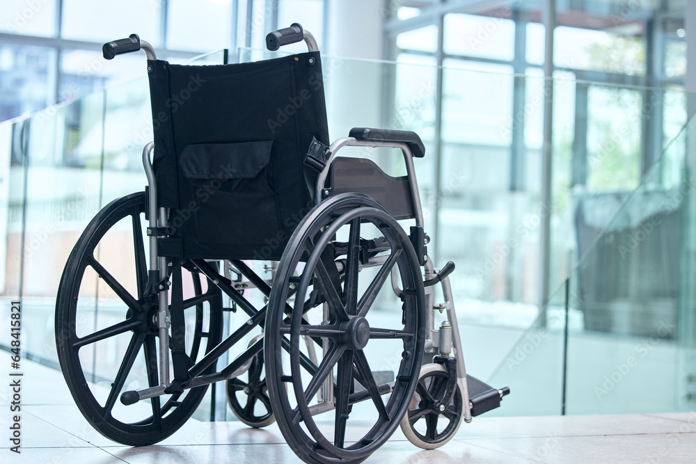 Healthcare, rehabilitation and a wheelchair at a hospital for support, physiotherapy or disability help. Nursing, medical and equipment or a chair for clinic transportation, recovery or inclusion