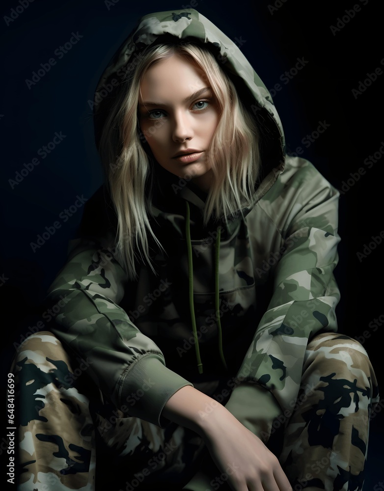 Woman in a camo print tracksuit. Generated AI Woman in a camo print tracksuit. Generated AI