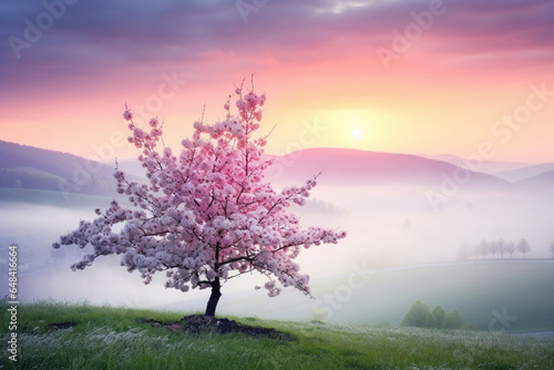 Beautiful spring in landscape, Foggy summer morning in the mountains, Blooming tree on the hill with fog, soft light photography