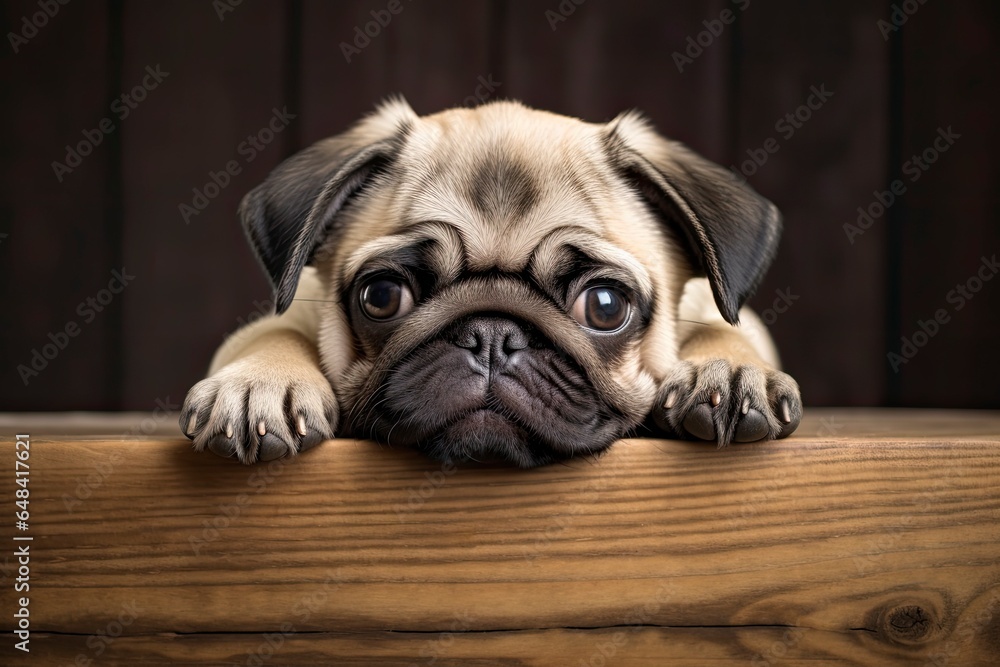 A cute pug dog resting on a wooden table created with Generative AI technology