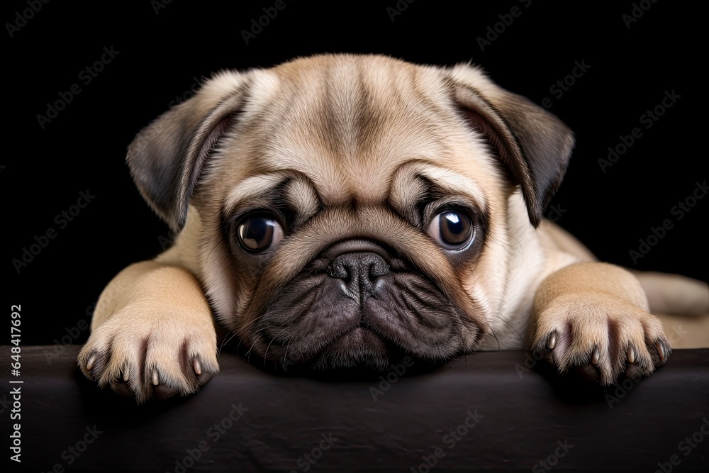 A pug dog resting on a black surface created with Generative AI technology