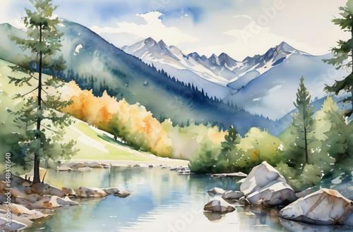 Watercolor illustration landscape of mountains  trees and sky for wallpaper