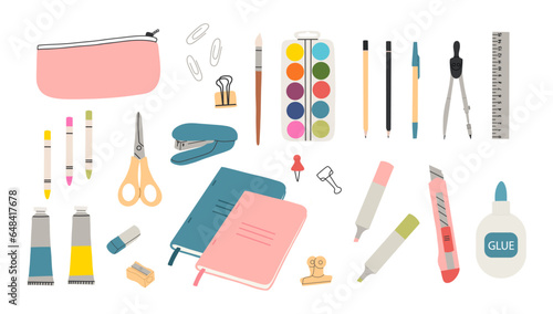 Hand draw stationery elements.Accessories for study,pencils,notebook,markers,scissors,pencil case.