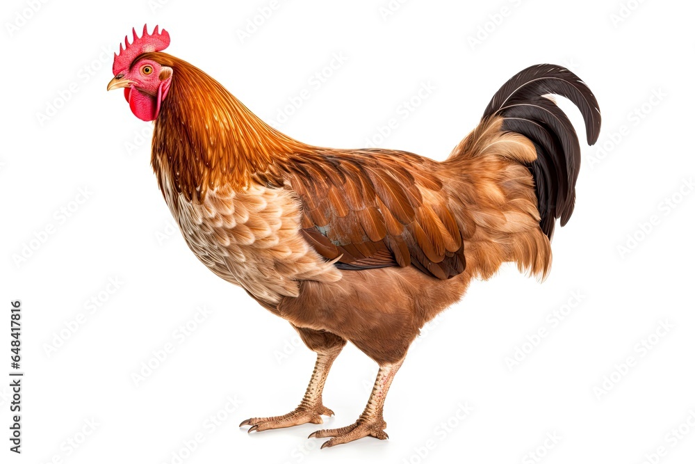 Fototapeta premium A majestic rooster standing on a pristine white backdrop created with Generative AI technology
