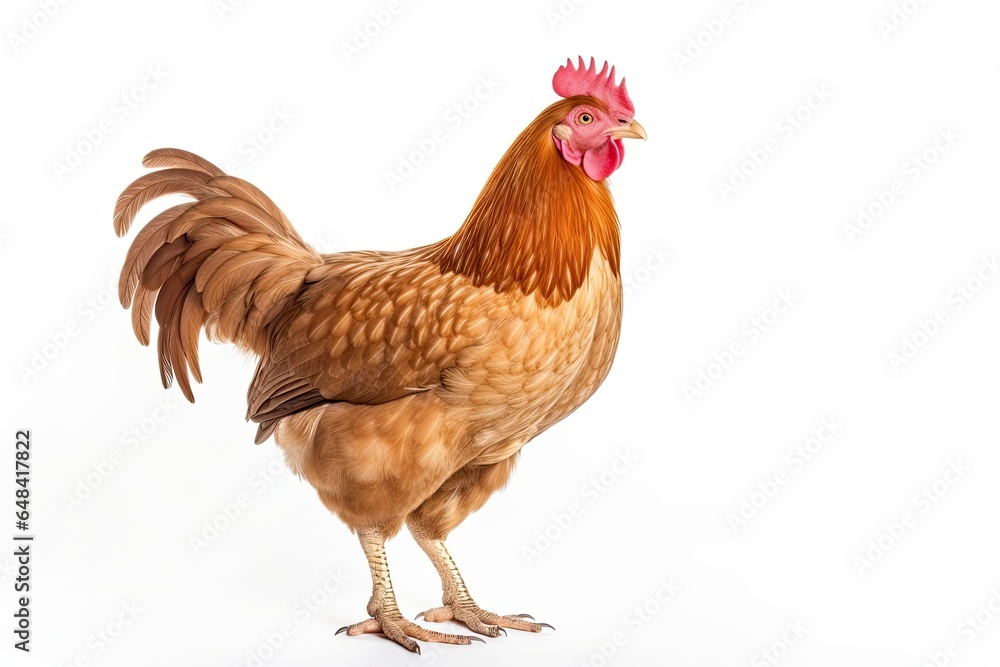 A brown and white rooster standing on a white background created with Generative AI technology