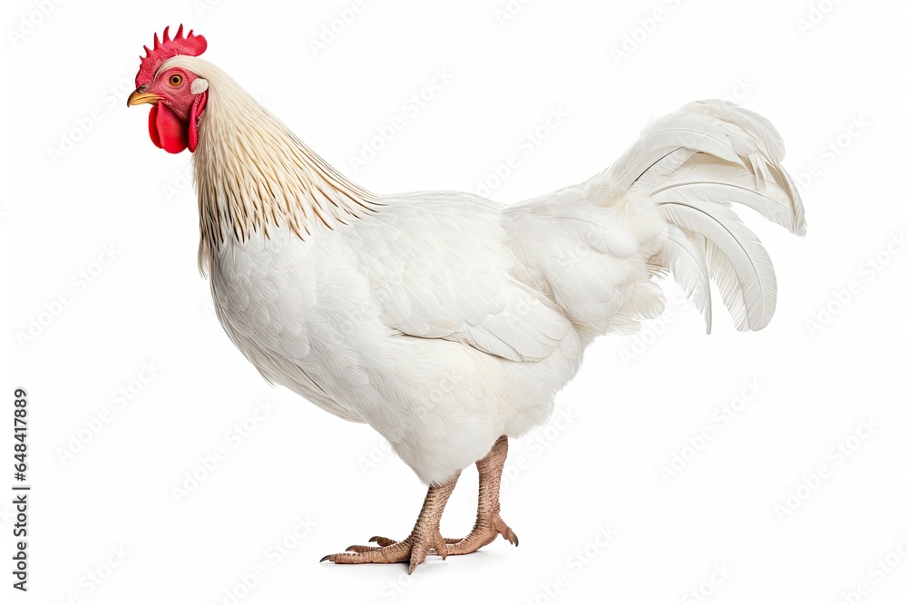 A white rooster with a red comb standing in front of a white background created with Generative AI technology