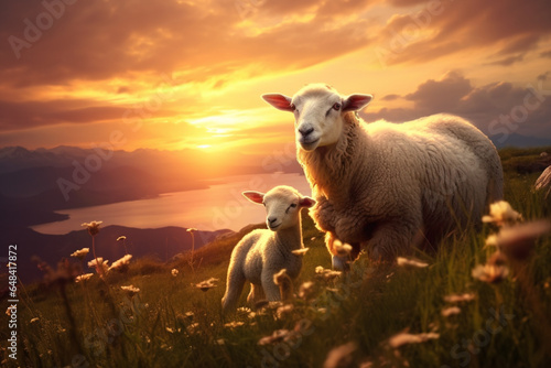 Beautiful nature at sunset, and the sheep and the lamb, the good shepherd, aesthetic look