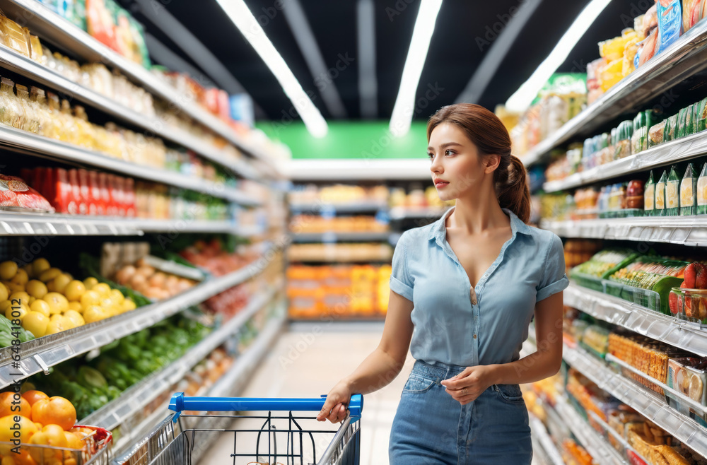 Woman in jeans shirt makes smart purchases in the supermarket