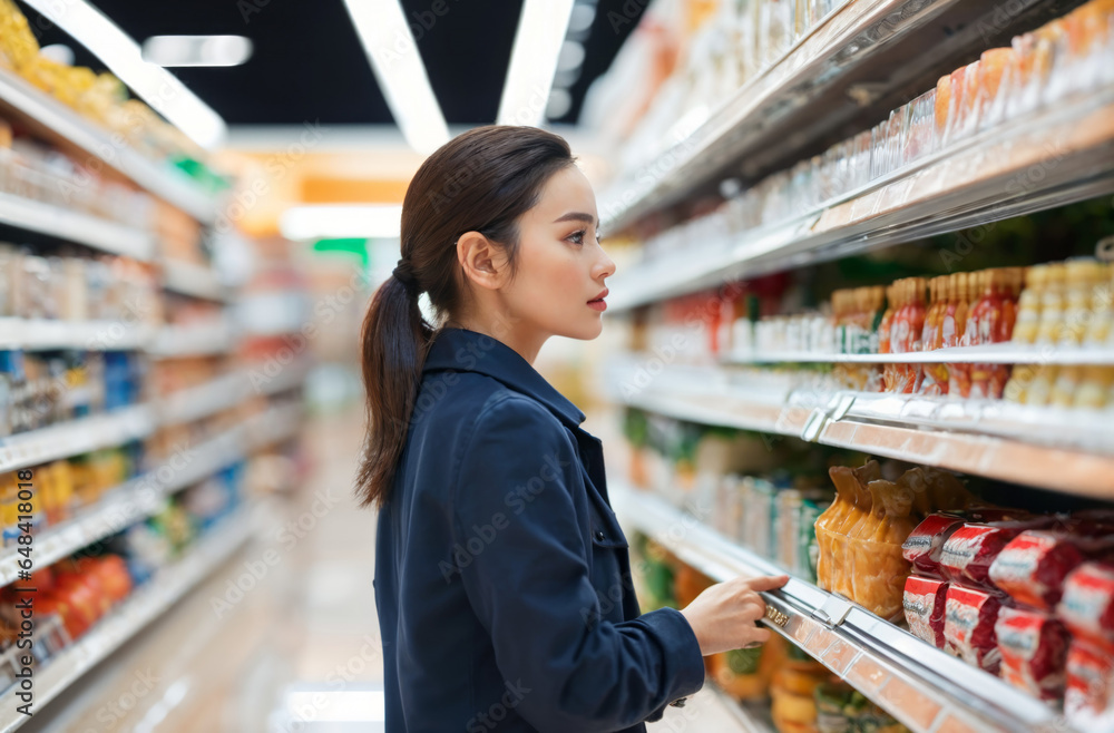 Woman in jeans shirt makes smart purchases in the supermarket