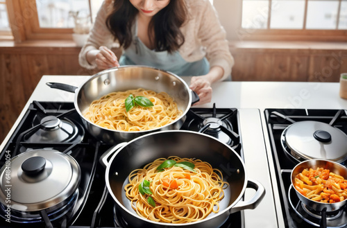 Woman making pasta in the kitchen in the morning, very special time