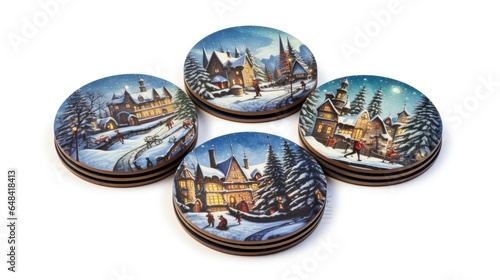 Christmas-themed coasters on White background, HD