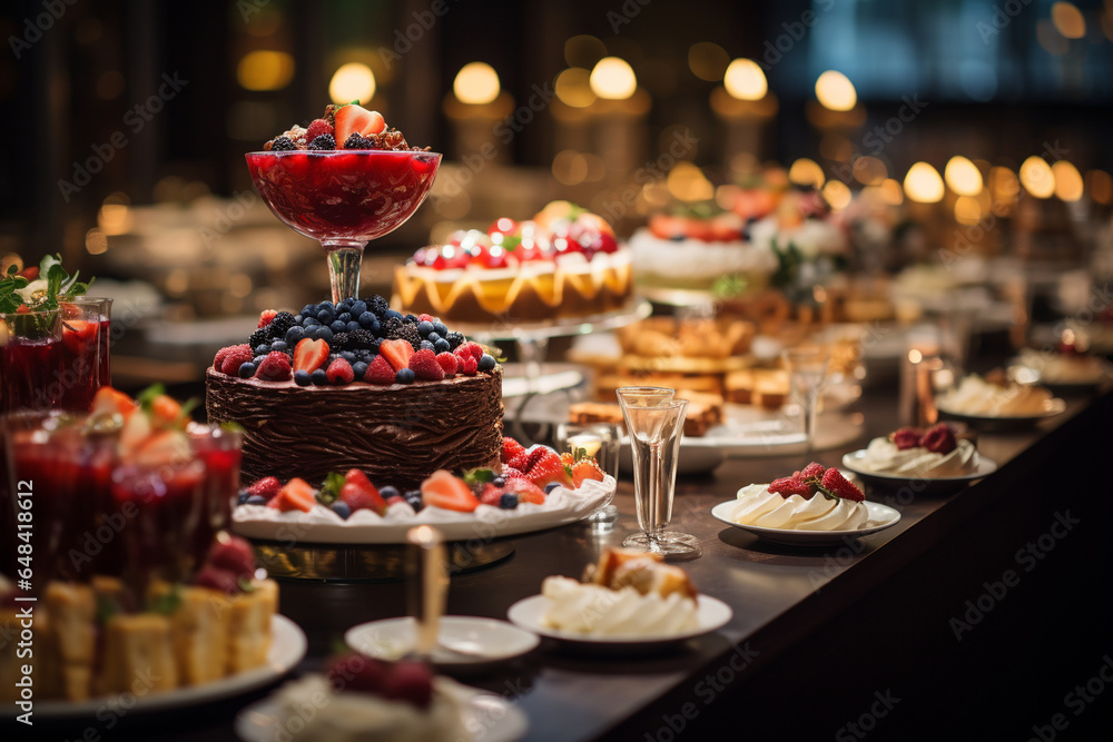 Fototapeta premium mouthwatering photo featuring a buffet of gourmet dishes and desserts, highlighting the culinary delights of the event
