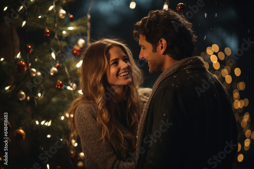 cozy photo of a couple adorning the Christmas tree, surrounded by twinkling lights, symbolizing their shared holiday traditions
