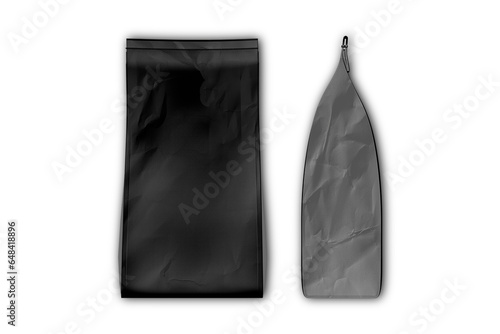 Fotografie Mockup of a black bag for coffee beans, packaging with a degassing valve, front, sideview