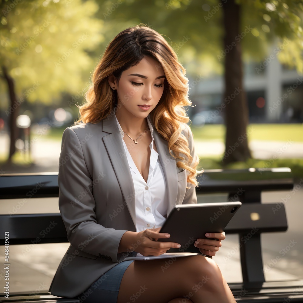 Businesswoman Reviewing Financial In the Out Door Businesswoman Reviewing Financial In the Out Door