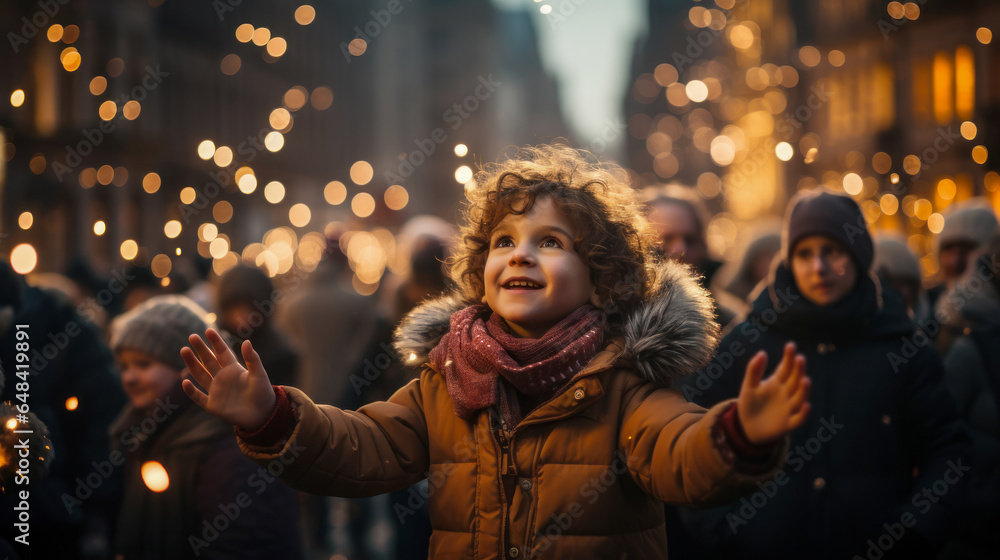 Child enjoying magical New Year holidays and decorated city, idea for Christmas mood banner