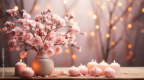 Banner with burning candles and a blooming sakura branch  pink tint  idea for a postcard