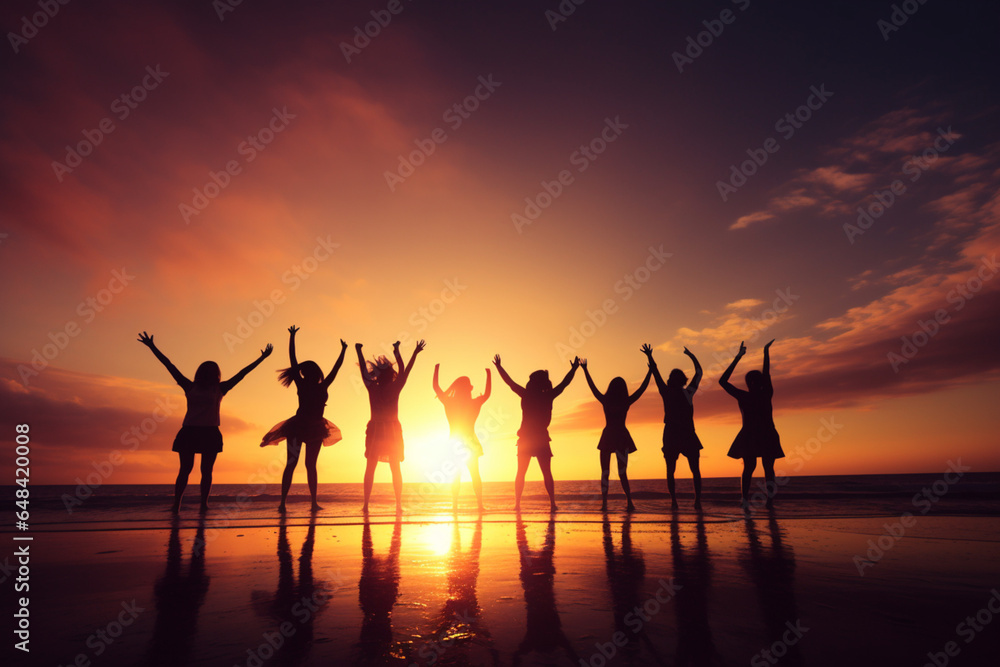 Backlit silhouette of Group of people partying on the beach at sunset or sunrise, They have their arms raised in celebration, aesthetic look
