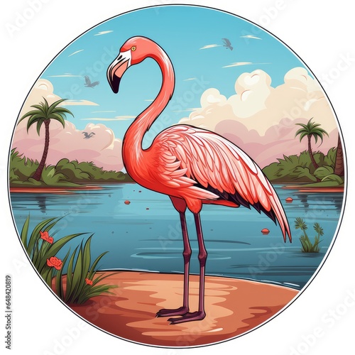 An elegant flamingo stands in a shallow pond in cartoon style isolated on a white background