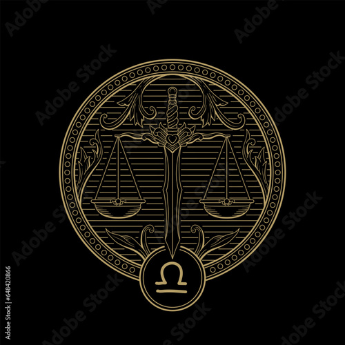 Libra zodiac symbol in gold engraving line art style
