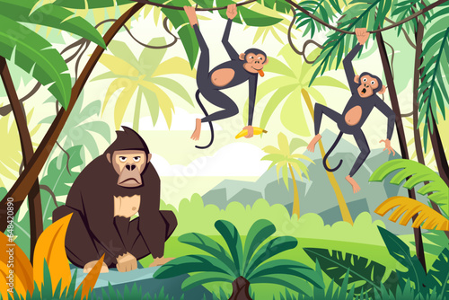 gorilla jungle background. cartoon funny tropical neanderthal exotic primates, funny apes in jungle, brutal and baby charcters. vector cartoon animals background.