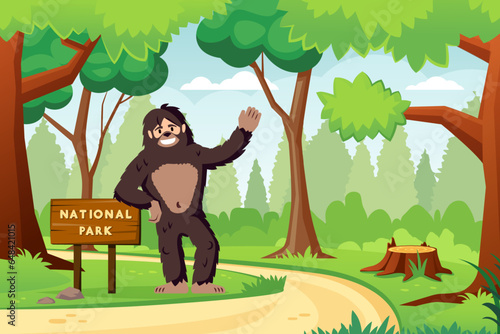 prehistoric monkey bigfoot. cartoon biology ancient gorilla yeti in national park background, neanderthal men monkey in forest. vector cartoon flat charcters.