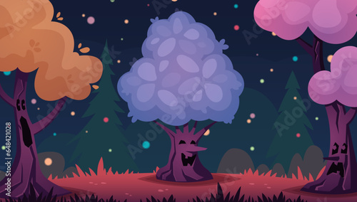 fantasy halloween background. haunt creepy horrible scary night forest with angry trees characters background. vector cartoon mystical meadow background.