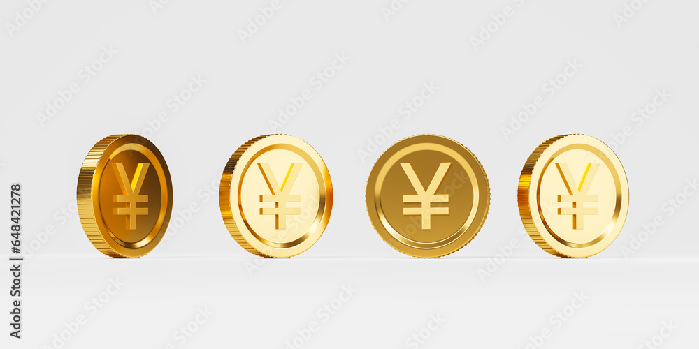 Set of gold yuan coins from different angles on grey background Set of gold yuan coins from different angles on grey background