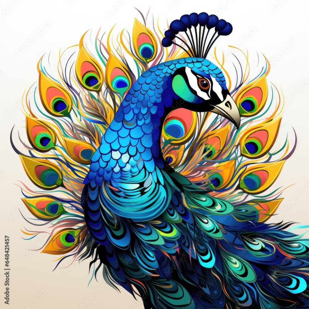 Fototapeta premium Beautiful Peacock in cartoon style isolated on a white background