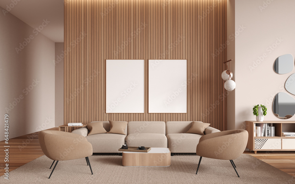 Obraz premium Beige and wooden living room with sofa and posters