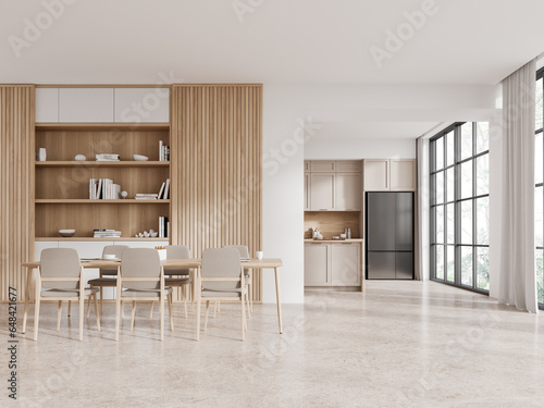 White and beige dining room and kitchen interior