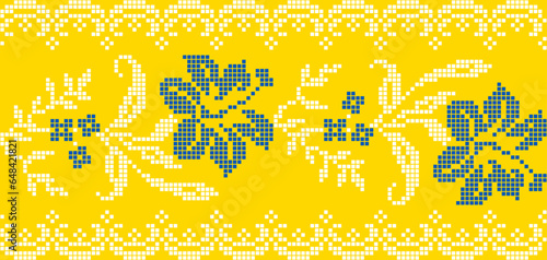 Vector illustration of Ukrainian floral ornament in ethnic style, identity, vyshyvanka, embroidery for print clothes, websites, banners. Background. Geometric design, border, copy space, frame