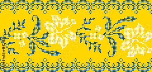 Vector illustration of Ukrainian floral ornament in ethnic style, identity, vyshyvanka, embroidery for print clothes, websites, banners. Background. Geometric design, border, copy space, frame