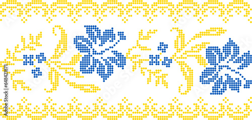 Vector illustration of Ukrainian floral ornament in ethnic style, identity, vyshyvanka, embroidery for print clothes, websites, banners. Background. Geometric design, border, copy space, frame