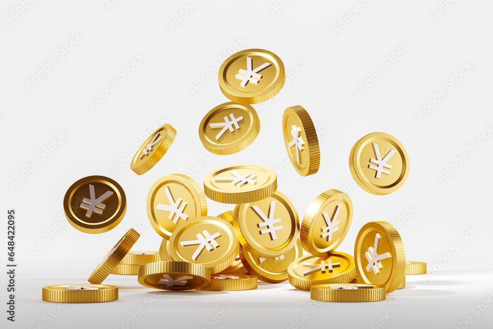 Rain of gold yuan coins falling on light grey background