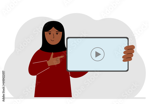 Woman holding tablet computer with video player. Marketing concept in flat style.