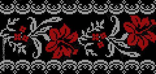 Vector illustration of Ukrainian floral ornament in ethnic style, identity, vyshyvanka, embroidery for print clothes, websites, banners. Background. Geometric design, border, copy space, frame
