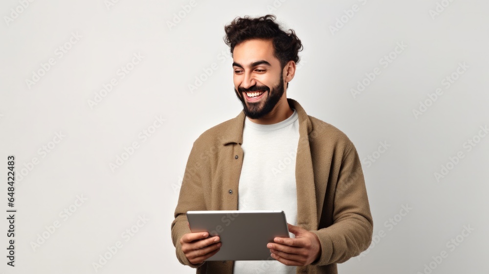 A man working on digital tablet and smiling while standing against white background. A man working on digital tablet and smiling while standing against white background.