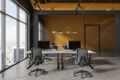 Gray and yellow open space office interior
