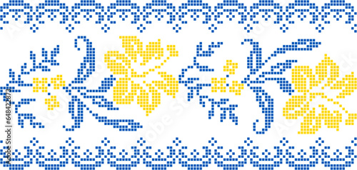 Vector illustration of Ukrainian floral ornament in ethnic style, identity, vyshyvanka, embroidery for print clothes, websites, banners. Background. Geometric design, border, copy space, frame