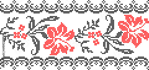 Vector illustration of Ukrainian floral ornament in ethnic style, identity, vyshyvanka, embroidery for print clothes, websites, banners. Background. Geometric design, border, copy space, frame