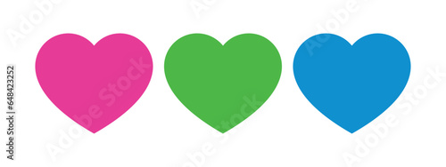 Pink, green, and blue colored heart icons, as the colors of the polysexual flag. LGBTQI concept. Flat design illustration.	