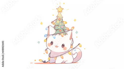A cute and kawaii white kitten entangled with a Christmas wire lamp. for christmas card, xmas invitation party, kids storybook, children book, wrapping gift, printing artwork and etc 