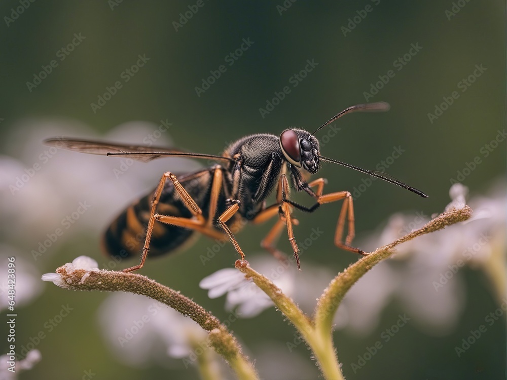 Fototapeta premium Macro of a hoverfly on a plant. Shallow depth of field.