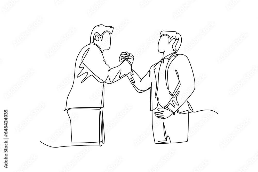 Single continuous line drawing young business man handshake his partner or colleague to deal a project. Business meeting cooperation concept. Dynamic one line draw graphic design vector illustration