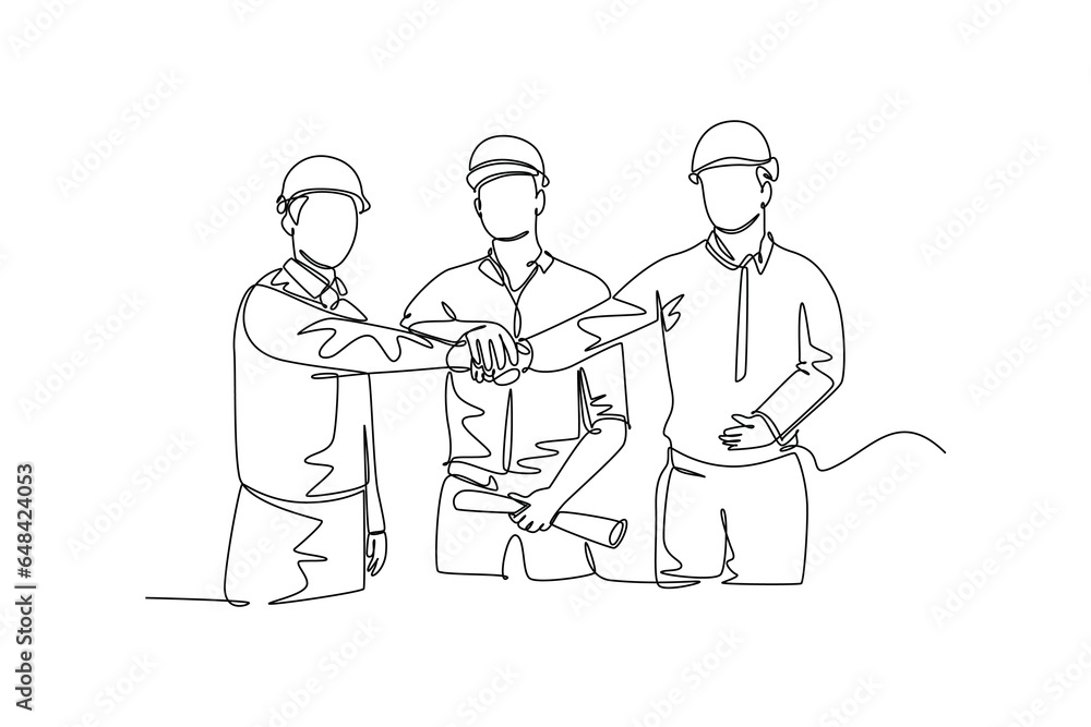 Single continuous line drawing young builder and architect wearing construction vest and helmet handshake joining their hands together. Great teamwork. One line draw graphic design vector illustration