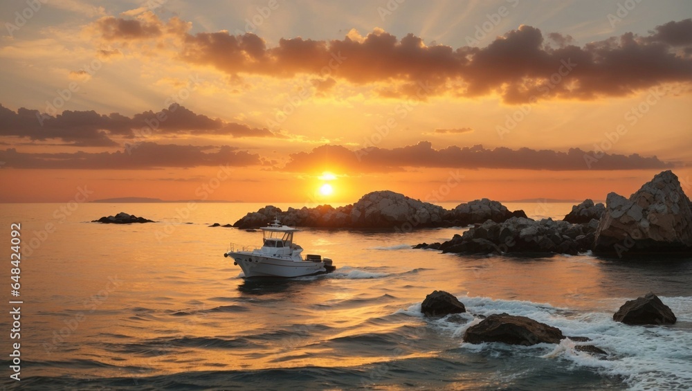 Sunset over the sea. The sun is setting between two rocks in the horizon, with a small motor boat anchored near by